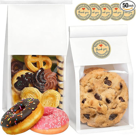50 Pack White Cookie Bags with Seal, 8.2x3.9x3.1 Inch Tin Tie Tab Lock Bakery Bags with Window Resealable Paper Packaging Bag for Muffin, Candies, Scone, Brownie, Included 50 Thank You Stickers