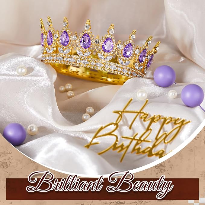 8 Pcs Purple and Gold Queen Crown Cake Topper, Happy Birthday Cake Toppers Foam Balls Rhinestone Crystal Tiara Wedding Decoration for Princess Party Photo Props for Women Princess