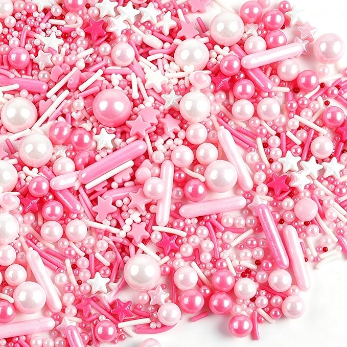 Pink Sprinkles, Edible Pearls Rod Star Sprinkles for Cakes Cupcakes | 4.6oz Dreamy Sprinkles for Ice Cream Baking Cookies