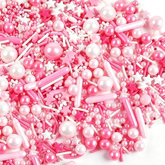 Pink Sprinkles, Edible Pearls Rod Star Sprinkles for Cakes Cupcakes | 4.6oz Dreamy Sprinkles for Ice Cream Baking Cookies