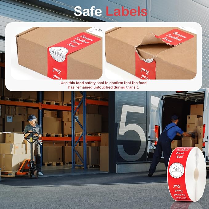 500 Pcs Tamper Evident Stickers for Food Delivery 1.5 x 6 Inches Red Tamper-Proof Safe Seal Tape & Labels - for Sealing Drink, Food & Pizza Boxes to Preserve Freshness