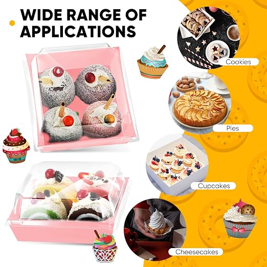 100 Pack Charcuterie Boxes with Clear Lids Valentine Gift 5 Inch Cookie Boxes Disposable Cake Case Paper Square Cookie Containers Dessert for Sandwich Slice Cake Hot Cocoa Bombs Strawberries(Pink)