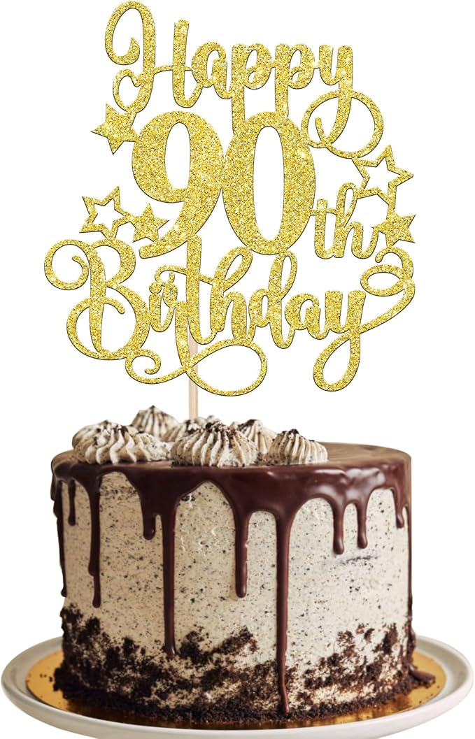 1 PCS Happy 90th Birthday Cake Topper Glitter Cheers to 90 Years Birthday Cake Pick Hello 90 Fabulous Cake Decoration for Happy 90th Birthday Anniversary Party Decorations Supplies Gold