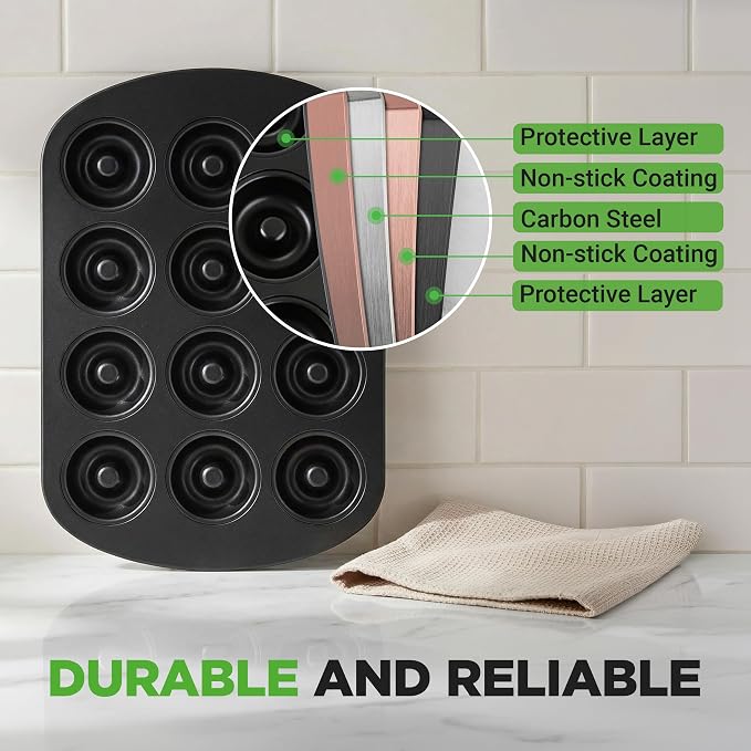 NutriChef Variety 2 Pack Full & Mini Donut Pan for Baking | One 12-Cavity Mini Donut Pan & One 6-Cavity Full Size Donut Pan for Baking | Carbon Steel Bagel Molds | Oven Safe Up To 450°F | Black