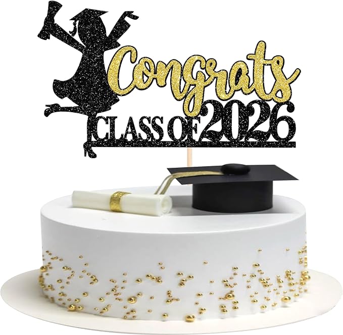 1 Pack Congrats Class of 2026 Cake Toppers Graduation Girl Cake Picks Glitter 2026 Graduation Cake Decorations for Theme High School Girls Graduate Cake Decorations Party Supplies Gold Black