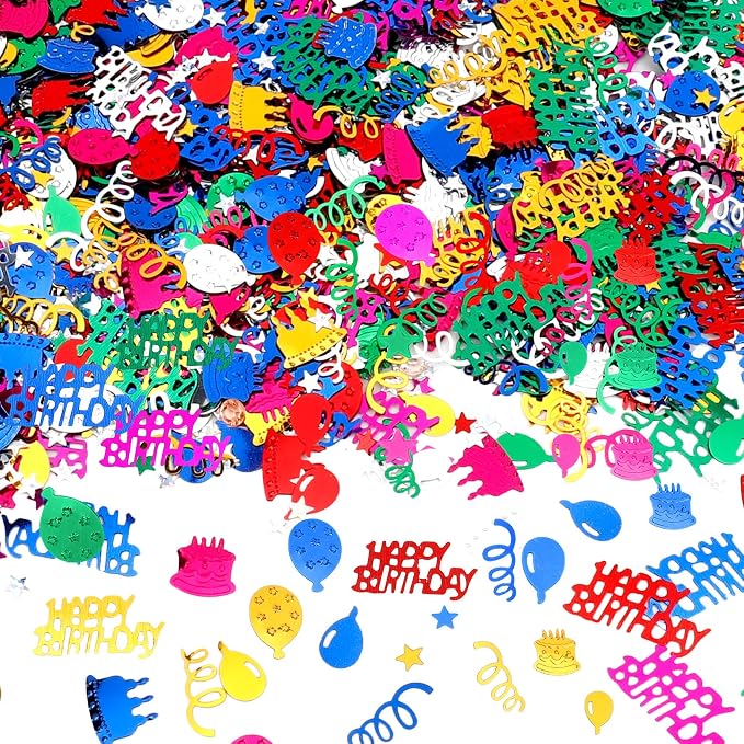 Birthday Confetti, Happy Birthday Party Glitter Table Confetti, 60g Multicolor Metallic Foil Cake Balloon Confettis Sprinkles Table Centerpiece for Baby Shower Party Decorations DIY Arts and Crafting