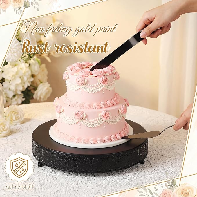 Wenqik 14 Inch Black Cake Stand Set Metal Round Cupcake Dessert Stand with Cake Cutting, Flower Spatula Wedding Cupcake Pastry Display Candy Holder Display for Wedding Party Birthday Baby Shower