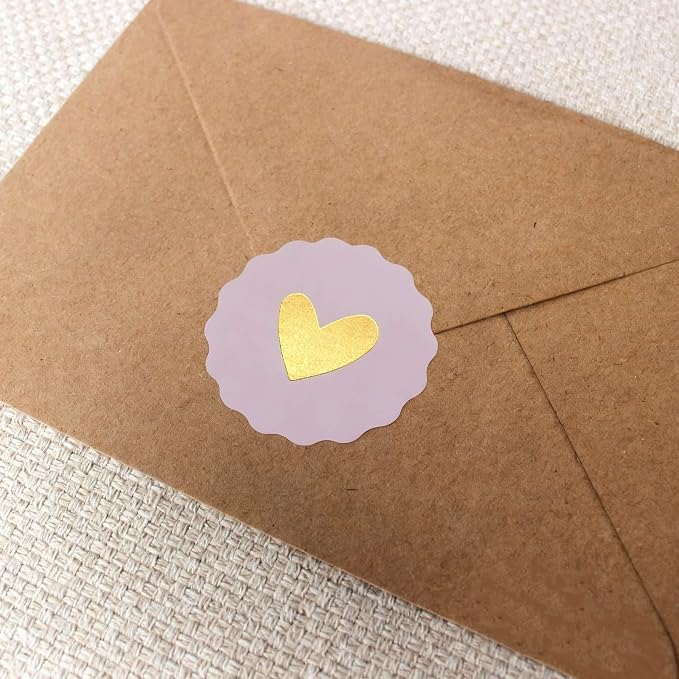 60 Pcs Heart-Shaped Gold Foil Love Stickers, 2 inch Wavy Edge Seals | gold foil love stickers for handmade packaging, envelopes, gift boxes, mailers, wedding invitation and party favors.