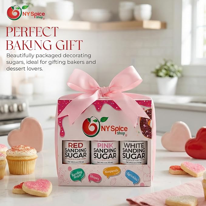 NY Spice Shop Sanding Sugar - 4 Ounce (Pack of 3) Sanding Sugar Red, Pink & White Decorative Sugars for Sweet Treat - Crystals Sugars for Cupcakes Cookies Cakes Dessert Decorating