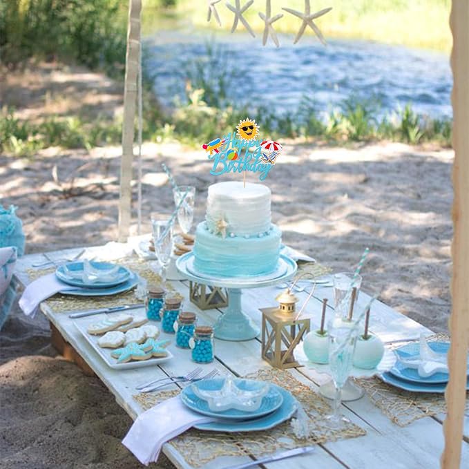 1 PCS Summer Beach Happy Birthday Cake Topper Glitter Ball Sun Umbrella Water Gun Pool Cake Pick for Hawaiian Holiday Baby Shower Birthday Party Cake Decorations Supplies Blue
