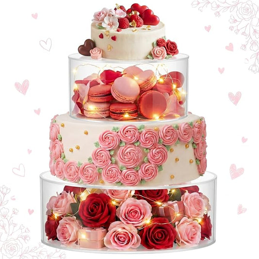 Sunnyray 2 Pcs Acrylic Cake Stands for Dessert Table Clear Fillable Cake Riser Cupcake Tier with LED Strings for Birthday Wedding Holiday Party Display(8'', 10'')