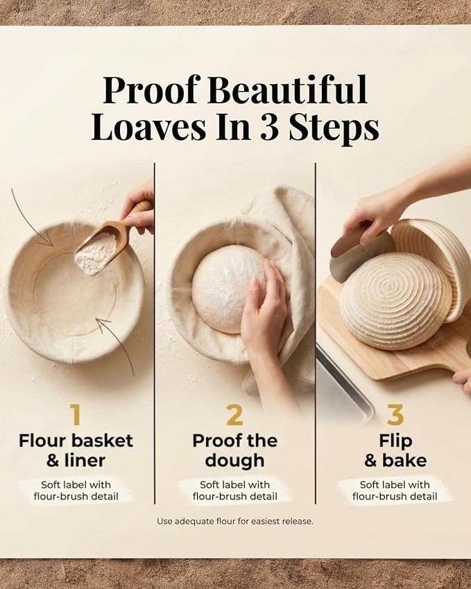 Banneton Bread Proofing Basket with Liners - Natural Rattan Dough Riser, Sourdough Bread Basket, Artisan Bread Loaves, Homemade Bread Making - 2 Pack 9 " Round Basket