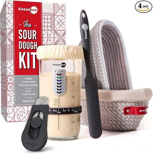 KneadAce Sourdough Starter Kit – 24oz Starter Jar, 2 Cotton Rope Banneton Proofing Baskets, Magnetic Bread Lame for Scoring – Gift for Bakers & Complete Sourdough Bread Baking Set