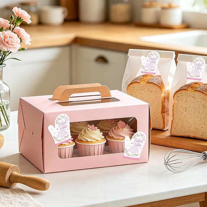 PANTIDE 500 Count Baked with Love Cottage Food Law Labels Stickers (Pink) | Flower Adhesive Oven Mitt Shaped Decal Roll, Made in A Home Kitchen, Inspection Statement Thermal Printed, for Food Packaging