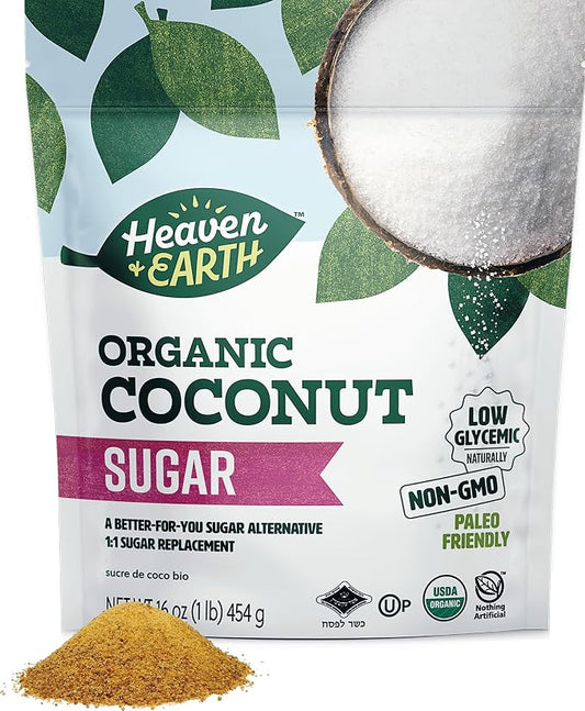 Heaven & Earth Organic Coconut Sugar, 16oz | Low Glycemic | Unrefined Sugar Alternative | Natural Sweetener | Coconut Palm Sugar
