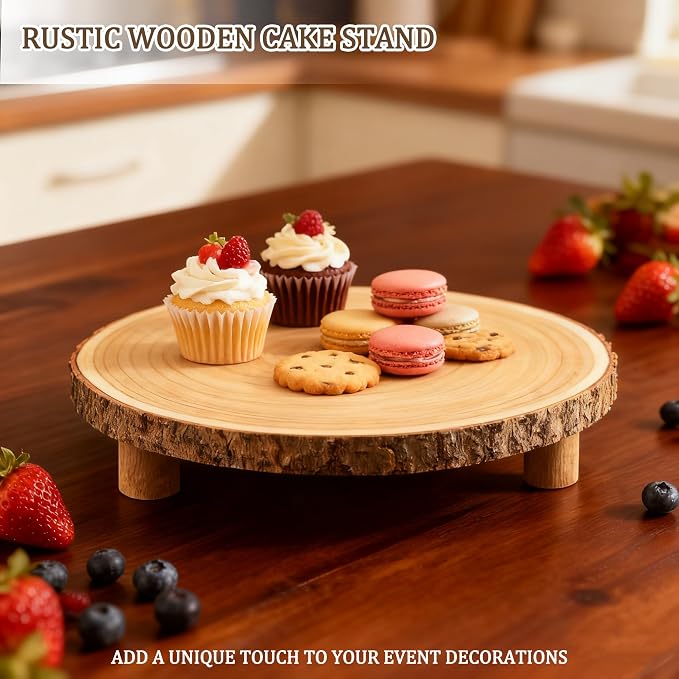 Rustic Wood Cake Stand,11-13 Inch Natural Wood Slice with Legs,Round Cake Display Stand for Weddings,Party & Birthday,Decoration
