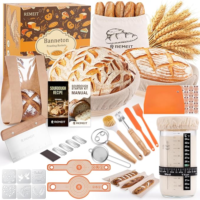 Sourdough Starter Kit with Banneton Bread Proofing Basket Set, 9" Round & 10" Oval Proofing Basket, Sourdough Bread Baking Supplies with Starter Jar, Bread Lame, Dough Whisk and Baking Tools