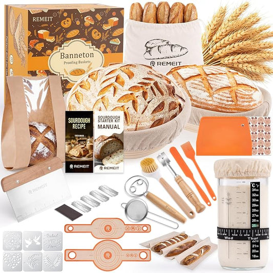 Sourdough Starter Kit with Banneton Bread Proofing Basket Set, 9" Round & 10" Oval Proofing Basket, Sourdough Bread Baking Supplies with Starter Jar, Bread Lame, Dough Whisk and Baking Tools
