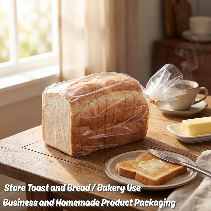 Wowfit Bread Poly Bags, Pack of 100 Entirely Transparent Clear Bakery Storage for Handmade Loaf Packaging, Includes 100 Gold Twist Ties