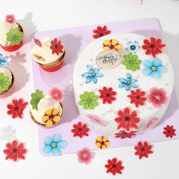 YOcity 35Pcs Edible Flowers Cake Toppers Edible Flowers Cupcake Topper Luau Hawaii Wafer Paper Flower Cake Decorations for Wedding Birthday Baby Shower Party Supplies Mixed Size & Colour
