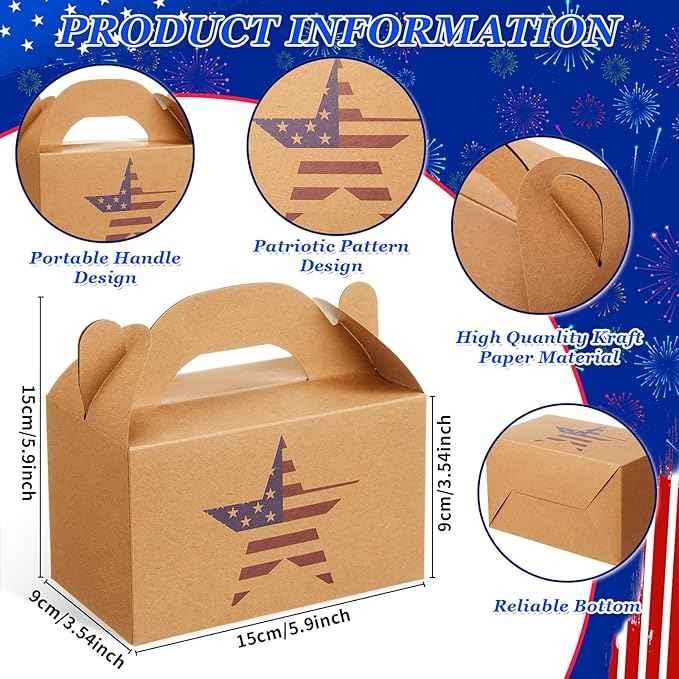 Colarr 24 Pcs 4th of July Treat Boxes Patriotic Star Prints Goodie Boxes with Handles 250th Anniversary Kraft Paper Cookie Box Candy Party Favor Box for Independence Day Fourth of July Celebration