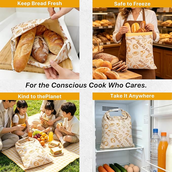 Reusable Beeswax Bread Bags Sourdough - Large Linen Bees Wax Bag for Storage Homemade Loaf - Cotton and Waxed Wrap Lined Container Lined for Sour Dough Fresh Food - Sealable Bread Keeper 2PK Set Gifts