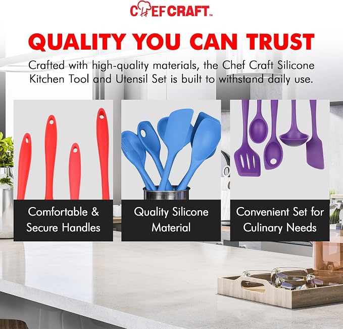 Chef Craft - Premium Silicone Kitchen Tools and Utensils Set, Non-Scratch, Withstands Temperatures up to 450°F, BPA-Free, 5 Piece Cooking Utensils Set, Pink