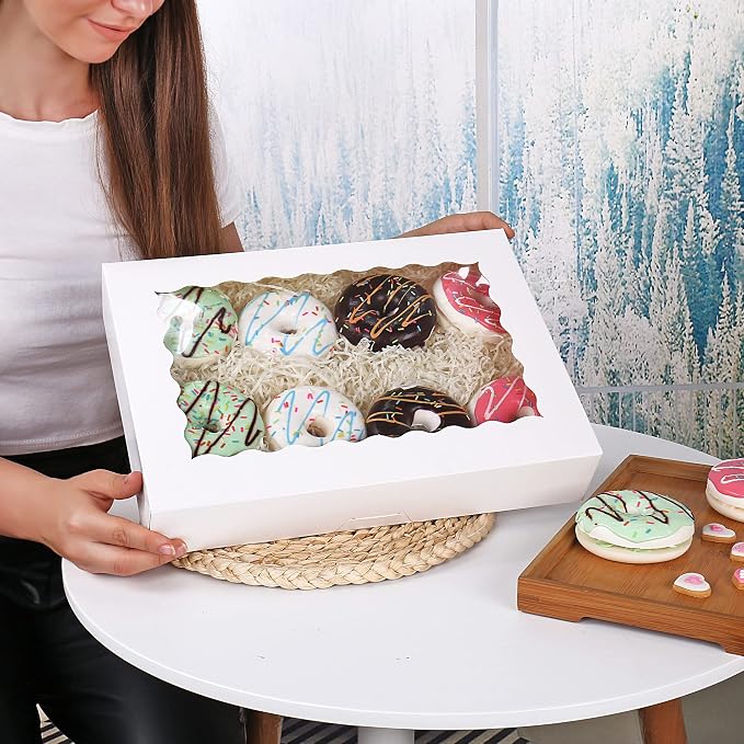 Tcoivs 20-Pack Bakery Boxes 14" x 10" x 2.5", Cookie Boxes, Auto-Popup Treat Boxes with Window for Donuts, Pies, Cakes, Muffins, and Pastries (White)