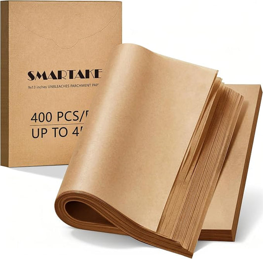 SMARTAKE 400 Pcs Parchment Paper Baking Sheets, 9x13 Inches Non-Stick Precut Baking Parchment, for Baking Grilling Air Fryer Steaming Bread Cup Cake Cookie and More (Unbleached)