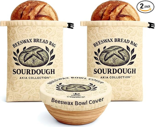 Beeswax Bread Bags for Sourdough and Homemade Bread — 2 XL Reusable Cotton Bread Bags + Beeswax Bowl Cover, Food-Safe Bread Storage Keeps Loaves Fresh, Zero Waste Bakery Gift Set
