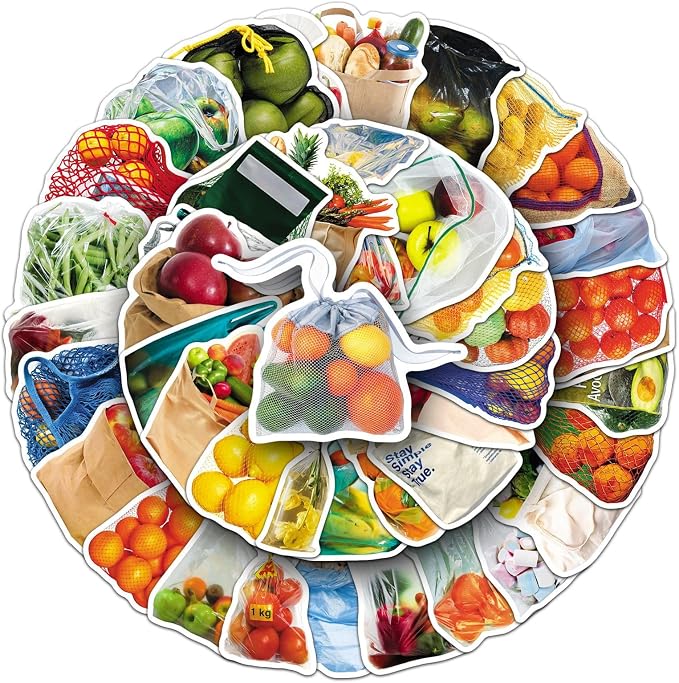 50 Pcs Bagged Food -Fruit and Vegetable Stickers Pack - Cute Cartoon Produce Decals in a Bag for Kids Learning, Kitchen Labels, Healthy Eating - Teacher & Parent Supplies (Bagged Food)
