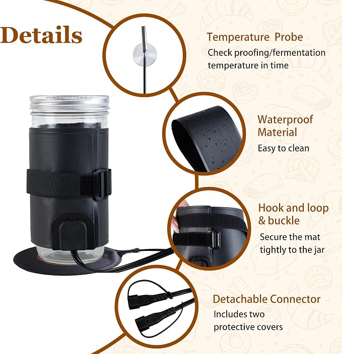 Bunmery Sourdough Starter Warmer Wrap 2 Pieces, Sourdough Starter Jar Heat Wrap, Sourdough Heating Warming Mat with Temperature Control(41-113℉) & 24H Timer, Dough Bread Warmer for Kitchen Baking