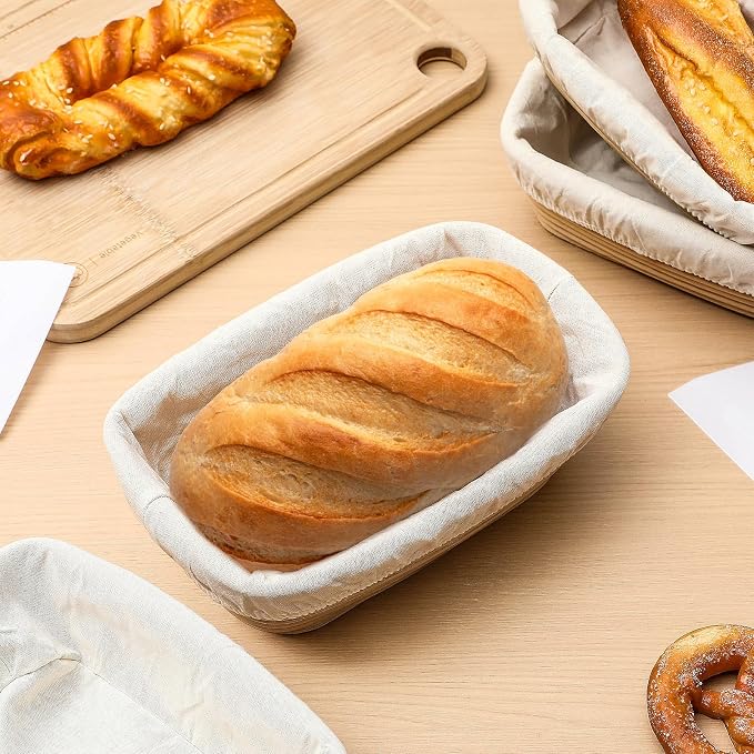 Nuogo 4 Pieces 10 Inch Bread Banneton Proofing Basket Rattan Banneton Dough Proofing Bowls with Liners and Scatters for Home Sourdough Baking (Rectangle)
