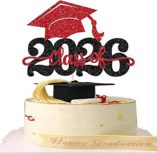 1 Pack Class of 2026 Cake Topper Glitter Congrats Grad Cap 2026 Graduation Cake Pick for 2026 Graduation Theme High School Boys Girls Graduate Party Cake Decorations Supplies Black Red