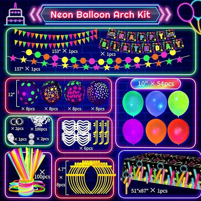 260 Pcs Neon Balloons Arch Garland Kit, Glow in the Dark Birthday Party Decorations, UV Neon Balloons Glow Party Banner Party Supplies Birthday Party Decor