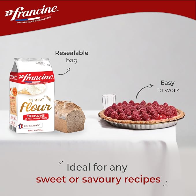 Francine Wheat Flour, T55 French Flour from France with Lower Gluten Content, Makes Great Breads, Pastries and Desserts, 35.3oz/1 kg (Pack of 6)