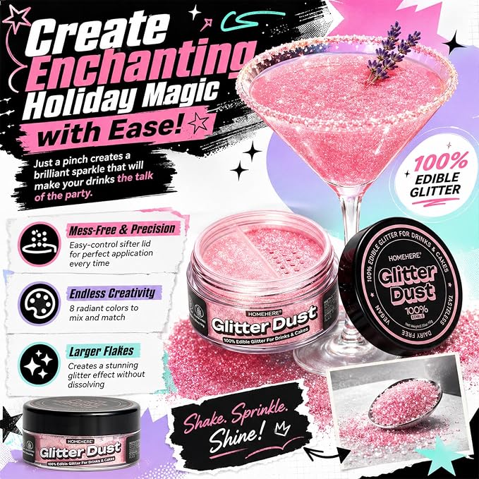 HomeHere Edible Glitter for Drinks & Cakes, 10g Food Grade Disco Diamond Glimmer Dust, Sparkle Powder for Cocktails, Chocolate, Baking Decorations, Vegan& Tasteless (Light Pink)