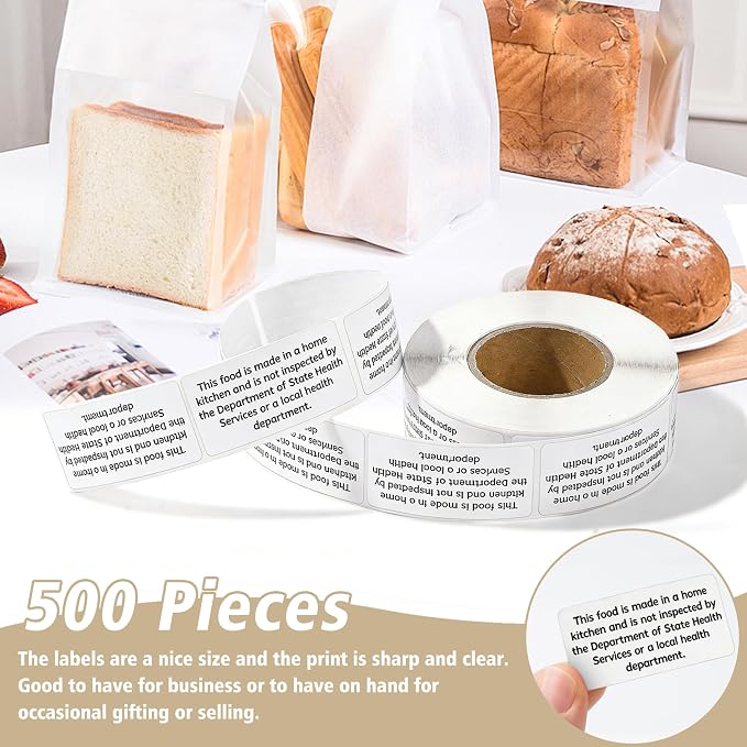 500 Count Cottage Food Law Labels Stickers, 2x1 Inch Made in a Home Kitchen Labels, Cottage Law Labels for Homemade Bakery, Canning, Farmers Market Packaging, Home Kitchen (White-500, 2 x 1 Inch)