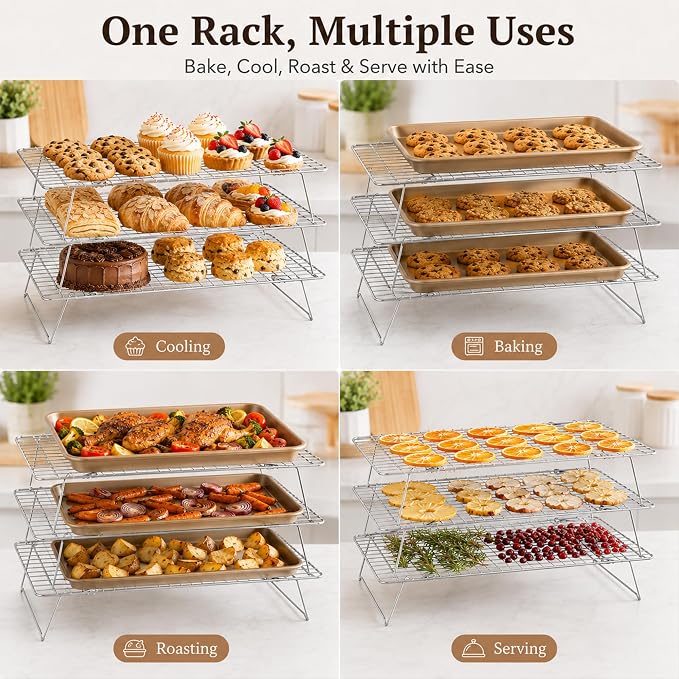Cooling Rack, 3 Tier Stackable Cooling Racks for Cooking Baking Roasting, Multi-Level Collapsible Cookie Rack for Cakes, Oven Safe & Easy Clean (Silver, 3-Tier)