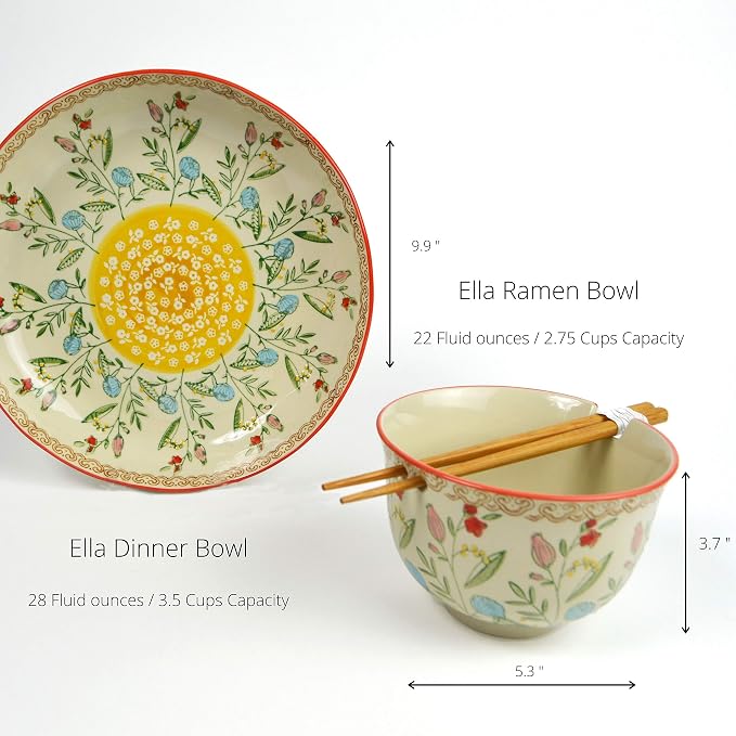 Ceramic Ramen Bowl Set | Ella Collection by Euro Ceramica | Salad Soup Ramen Bowl 2 Sizes Included with Chopsticks | Microwaveable Bowl for Ramen, Noodles, Pho, and Udon - Red Floral Design