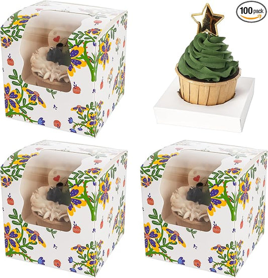 100 Pack Individual Cupcake Containers, Food Grade Cupcake Boxes with Window, Pre-Assembled Single Cupcakes Holders 3.5"x3.5"x3.5" with Inserts for Mini Cake Cookies Cupcakes Muffins