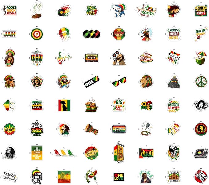 100Pcs Reggae Stickers and Decals for Adults for Water Bottle & Laptops - Rasta Stickers, Jamaica Band Decals - Bob the King of Reggae Gifts for Men & Women