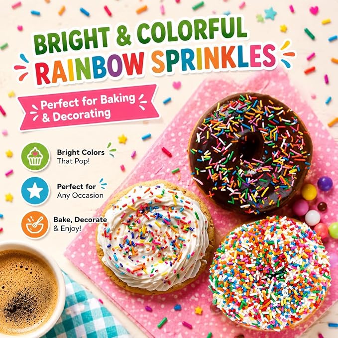 TOSS Rainbow Sprinkles Jimmies, 7 Pounds, Cake Decorating Topping for Baking and Ice Cream, Resealable Container