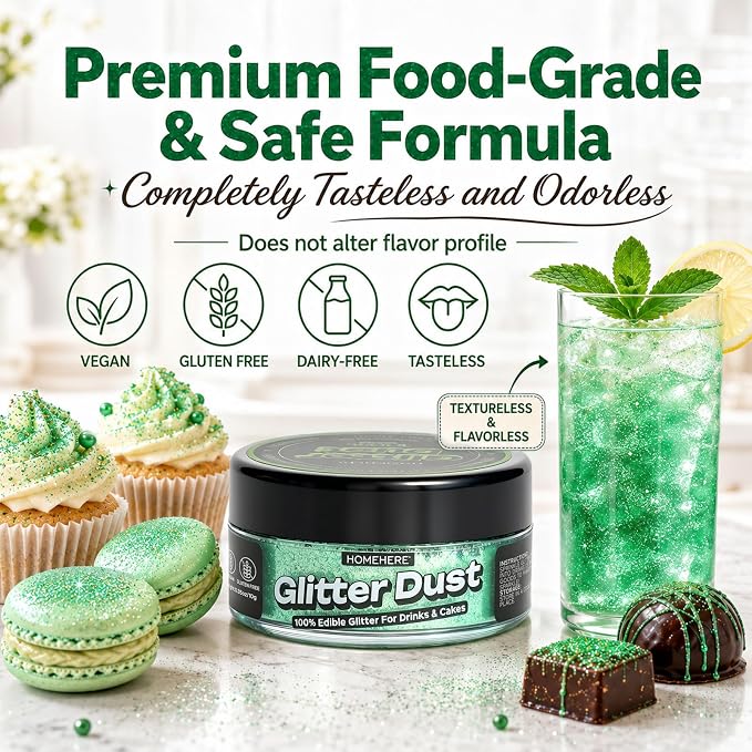 HomeHere Edible Glitter for Drinks & Cakes, 10g Food Grade Disco Diamond Glimmer Dust, Sparkle Powder for Cocktails, Chocolate, Baking Decorations, Vegan& Tasteless (Verdancy)