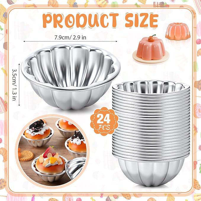 Honeydak 24 Pack Pudding Cup Pans Mini Fluted Cake Small Jelly Pans Aluminum Alloy Reusable Cake Tartlets for Baking Egg Tart Flan Cupcake Bread Muffin Brownie Pudding, Non-sticky(R-22)