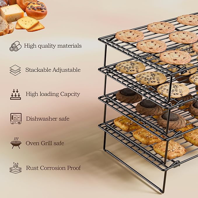 4PCS Cooling Racks for Cooking and Baking, Collapsible 4 Tiers 10"X16" Cool Batches of Cookies, Non-Stick & BPA-Free, Oven and Dishwasher Safe (Black-200)