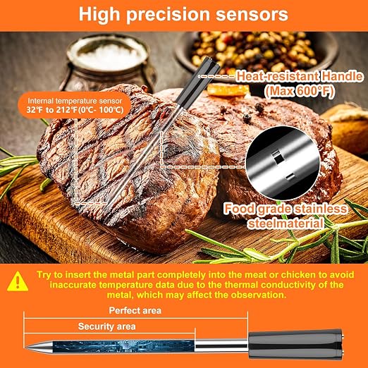 Wireless Meat Thermometer Bluetooth with Ceramic Probe: Waterproof Digital Oven Food Thermometer for Grill Fryer BBQ, 600Ft Range & Smart App for iOS/Android/air Home, Apartment