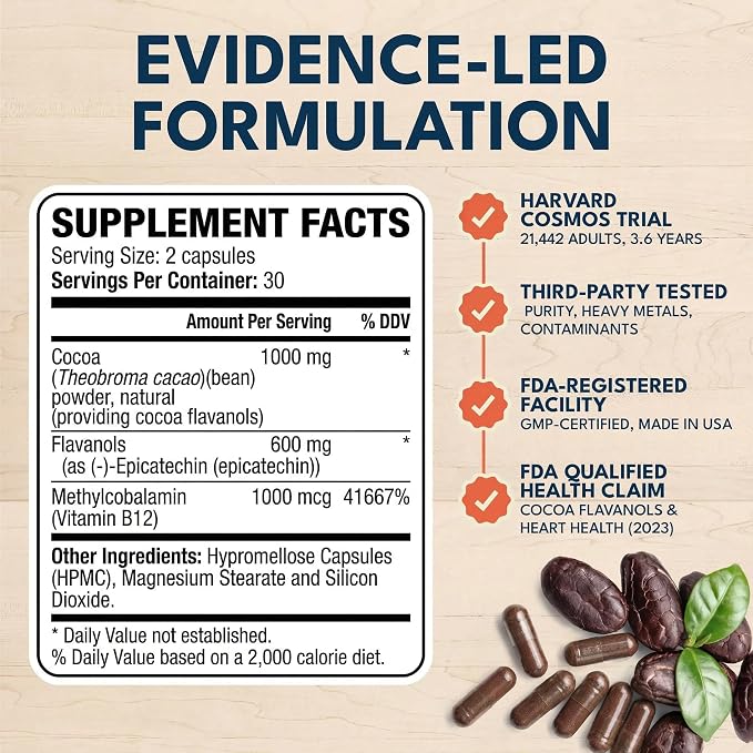 600mg Cocoa Flavanols – Heart Health & Circulation Support Supplement – Promotes Nitric Oxide Production & Energy – Vegan – 60 Capsules (30 Day Supply)