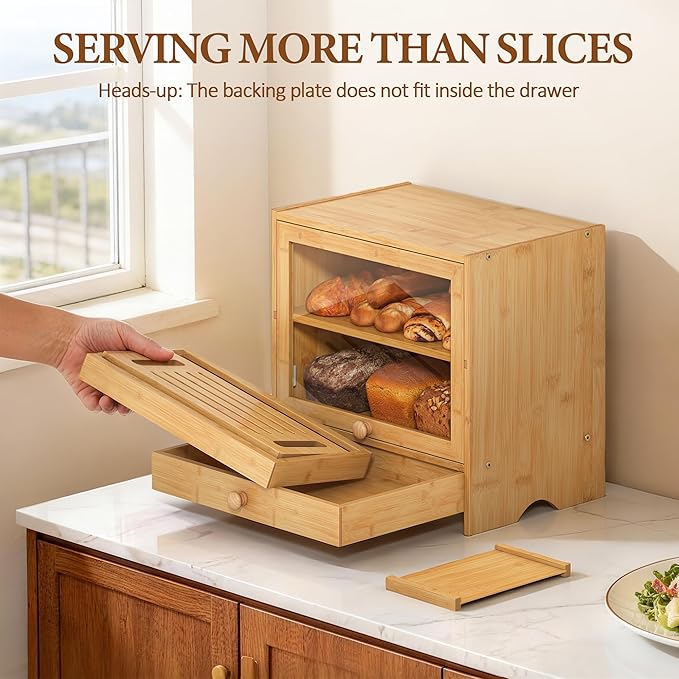 2 Tier Bread Box with Slicer and Cutting Board Extra Large | Bread Storage,Keep Bread Fresh,Natual Bamboo,Large Capacity,Space-Saving,Acrylic Window,For Homemade Bread,Kitchen Storage