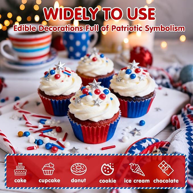 Edible Patriotic Sprinkles for Cake Decorating,130g,July 4th Pearl Sprinkle for Baking Decorations,Blue Red and White Pearls Jimmies,Silver Star and Sugar Crystals Mix,Cookies,Ice Cream,Fondant Cake,Cupcakes,Desserts,Memorial Day,Flag Day,Juneteenth,In...